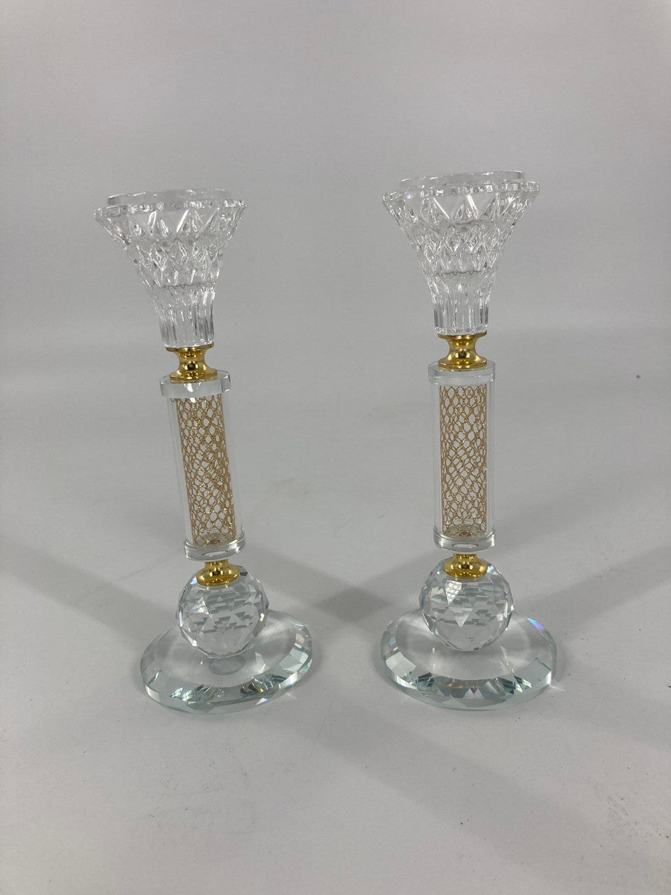 Pair Crystal Candlesticks-Silver Chips-Gold Design 8"H (CS-X3137K)