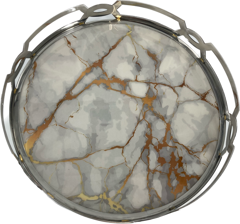 White/Gold Marble Matzah Tray-Stainless Steel Round (P-X4260Z)