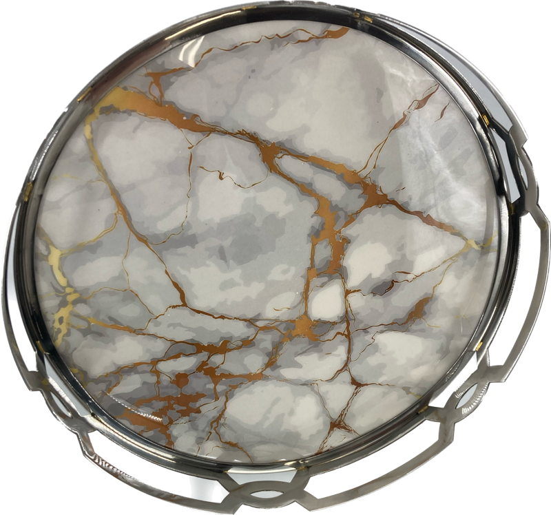 White/Gold Marble Matzah Tray-Stainless Steel Round (P-X4260Z)