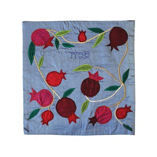 Raw Silk Matzah Cover- Pomegranates Blue (EM-MAS36)
