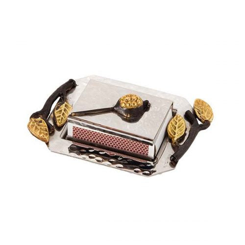 Emanuel Hammered Matchbox Holder & Tray w/ Pomegranate Branch (EM-MBA1)