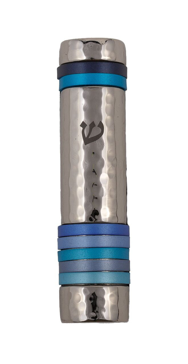 Emanuel Hammered Mezuzah Case w/ Rings--Blue (EM-MZJ2)