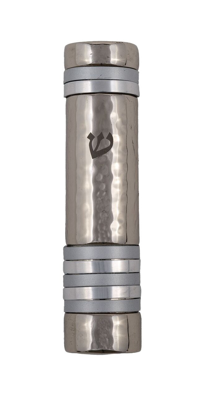Emanuel Hammered Mezuzah Case w/ Rings--Silver (EM-MZJ4)