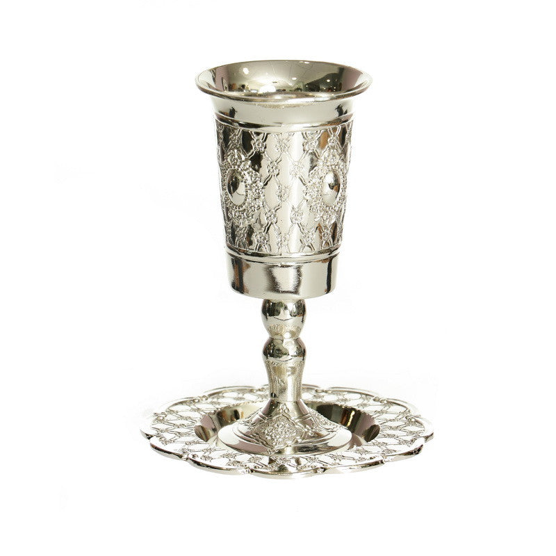 S/P Kiddush Cup on Stem W/Plate - Flower Design (KC-P067CG)