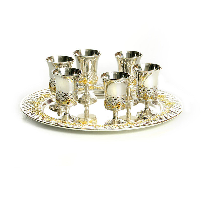 Set of 6 S/P Liquor Cups w/ Tray-Gold Accent (SHB-P702XZ)