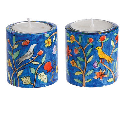 Blue Birds and Flowers Small Round Candlesticks