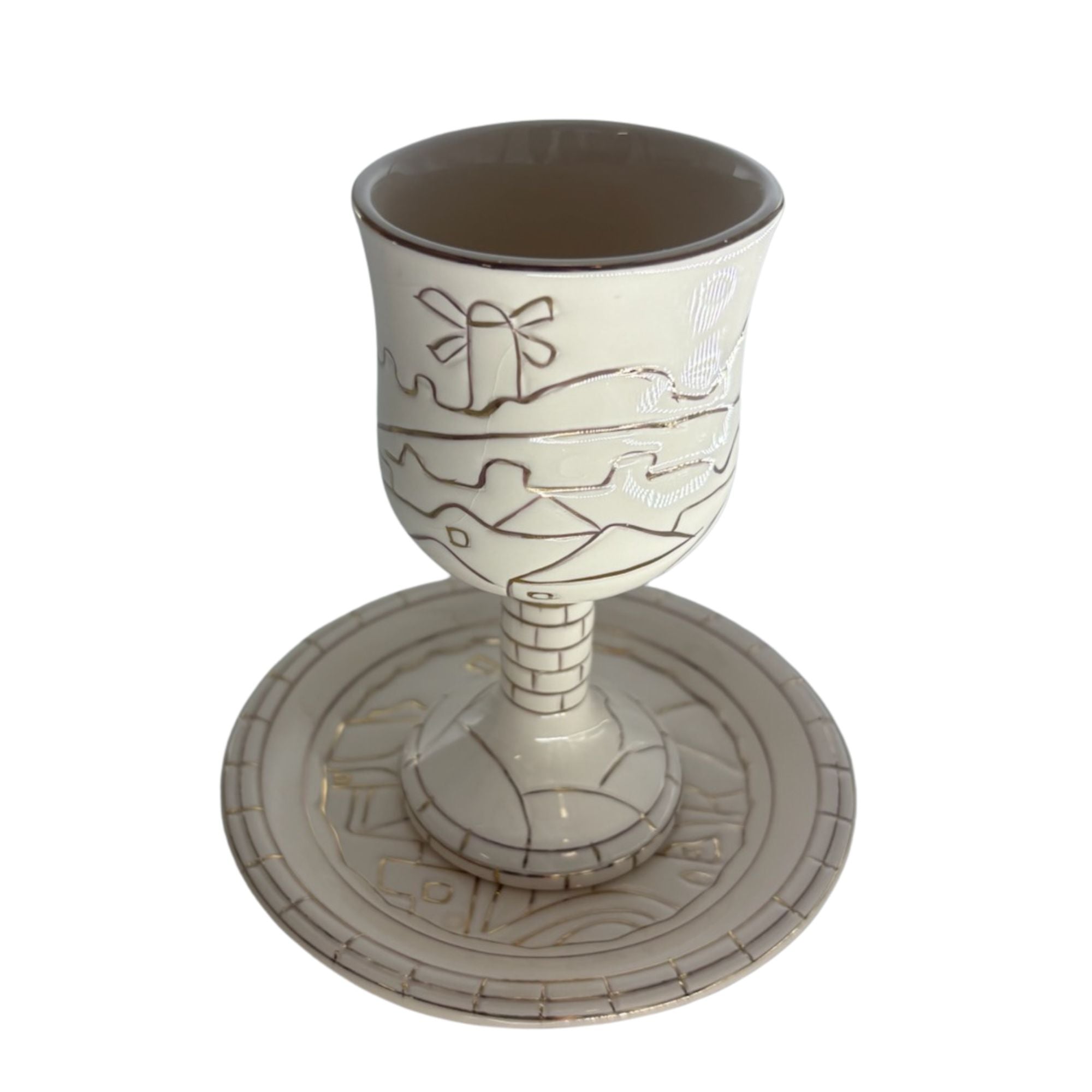 Karshi Ceramic Kiddush Cup on Stem with Tray Jerusalem Design-Gold (KC-5952)