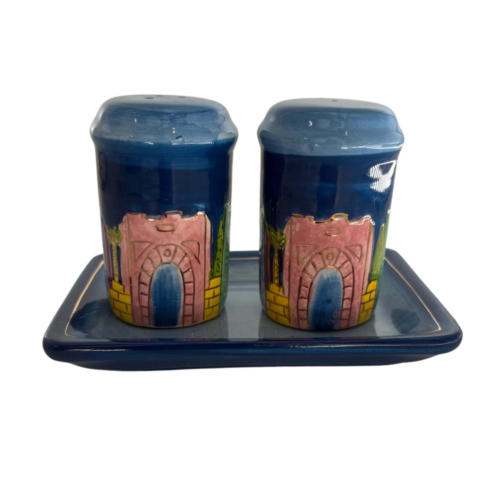 Karshi Ceramic Salt & Pepper Shaker with Tray-Jerusalem-Colored (MC-5929)