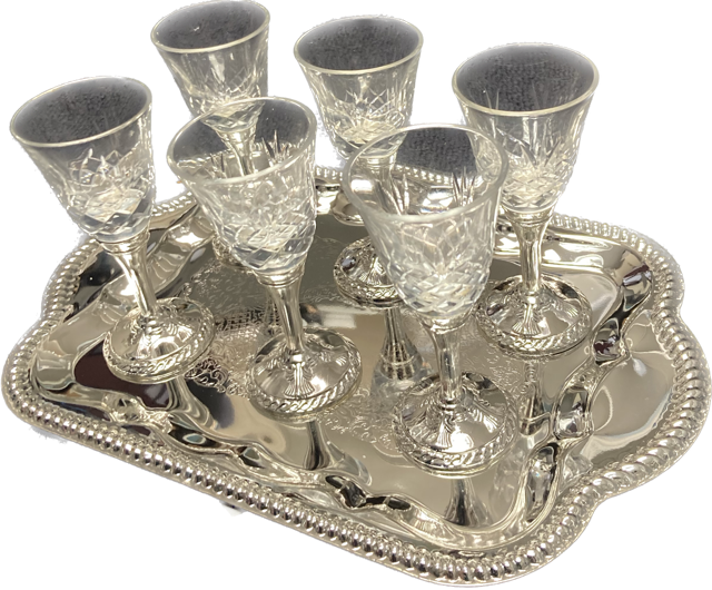 Set of 6 S/P And Crystal Liquor Cups & Tray (SHB-P752)