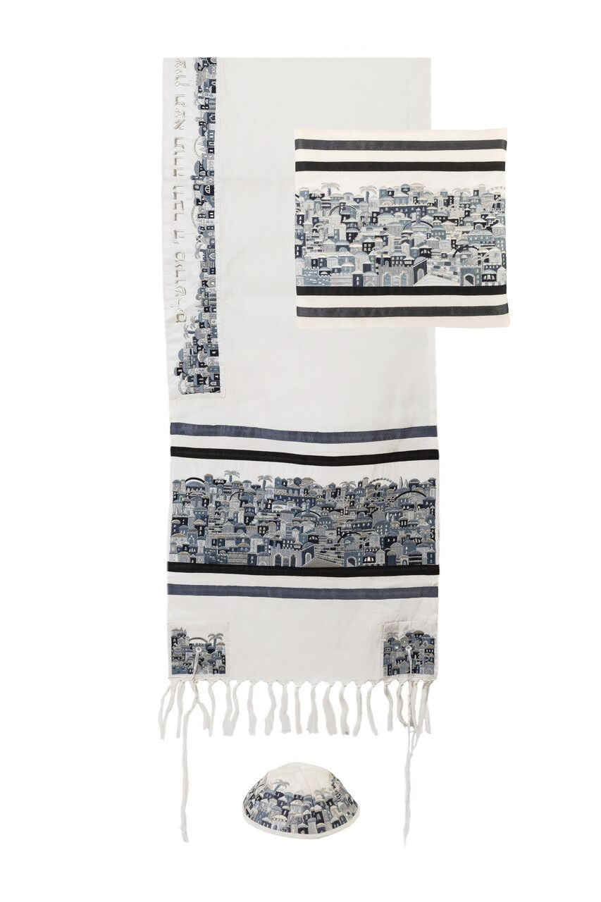 Emanuel Tallit Embroidered Jerusalem-- Black (EM-TAK4)