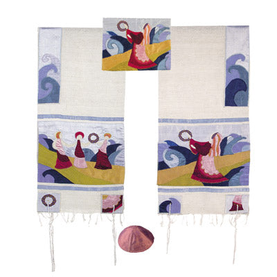 Yair emanuel Embroidered Raw Silk Tallit - Miriam and the drum TFA-1