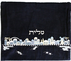 Velvet Embroidered Tallit Bag Jerusalem Blue (EM-TV-2)
