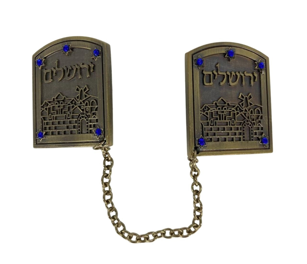 Tallit Clip-Jerusalem Design w/ Blue Gems (TC-4750)