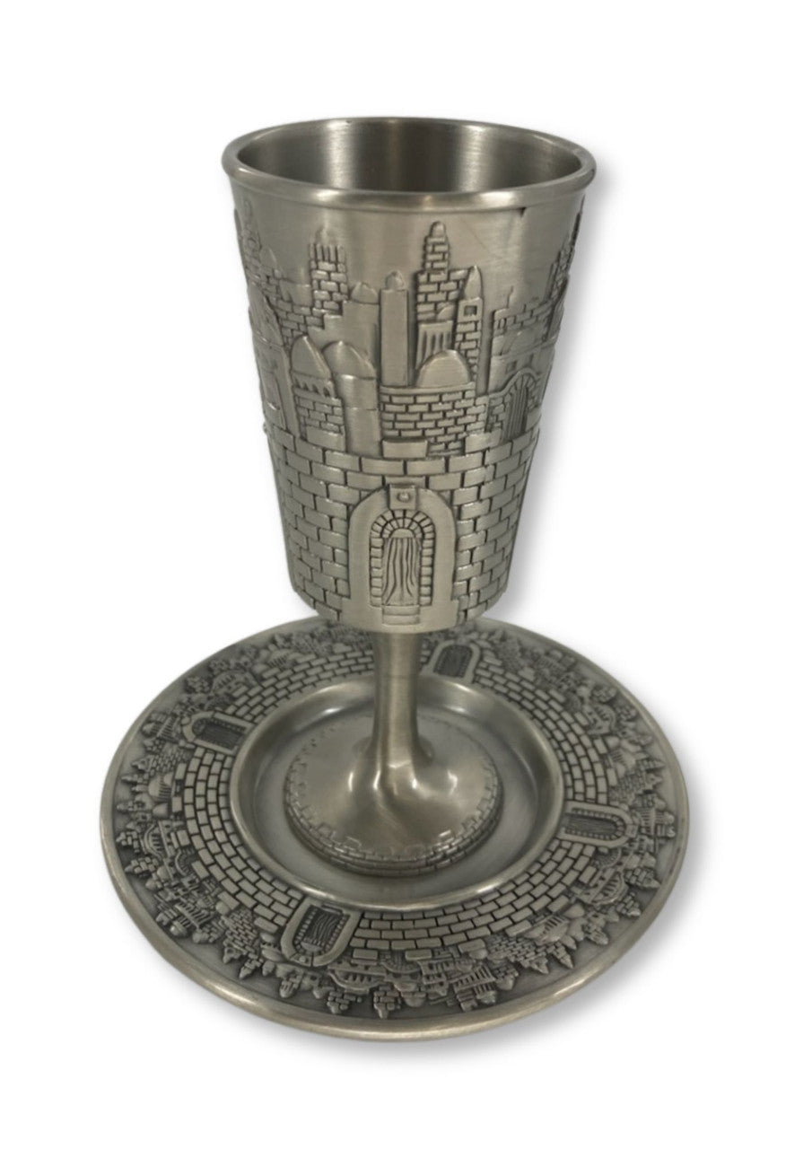 Karshi Pewter Kiddush Goblet with Tray Jerusalem Design (KC-5018-P)