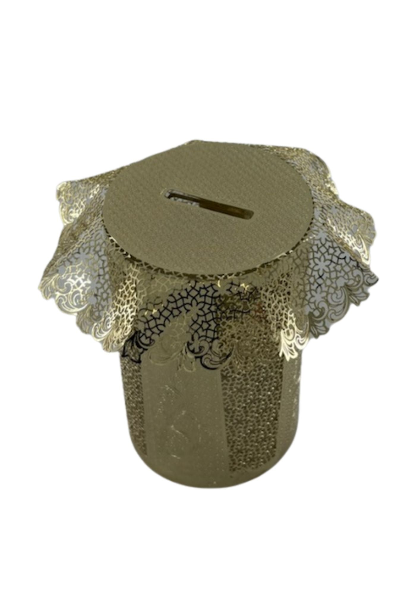 Lasercut Gold Tzedaka Box-Round Floral Design (TZ-OJ2R)
