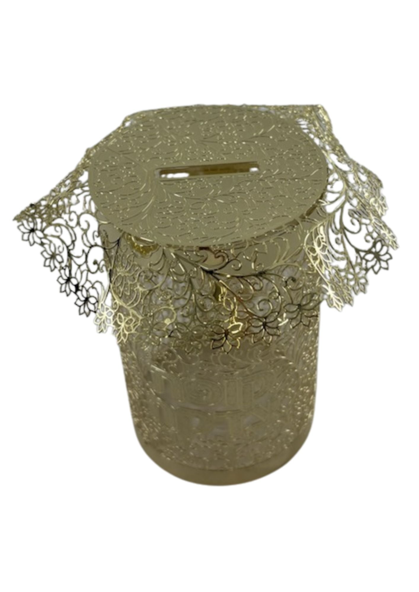 Lasercut Gold Tzedaka Box-Round Floral Design (TZ-OJ4R)