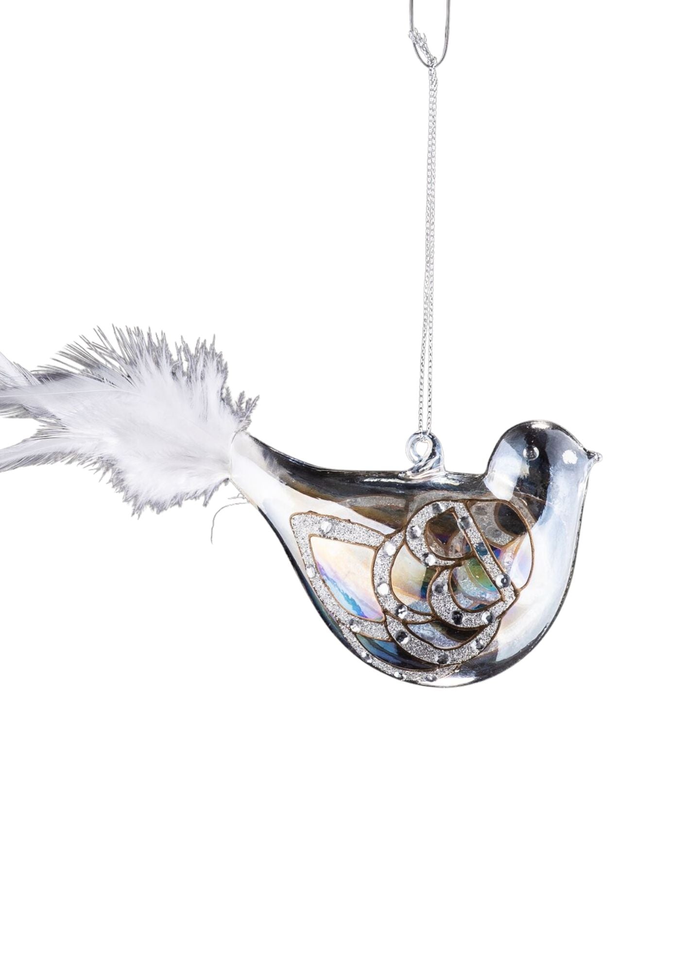 Clear Glass Bird-White Feather Tail-4" (AO-305)