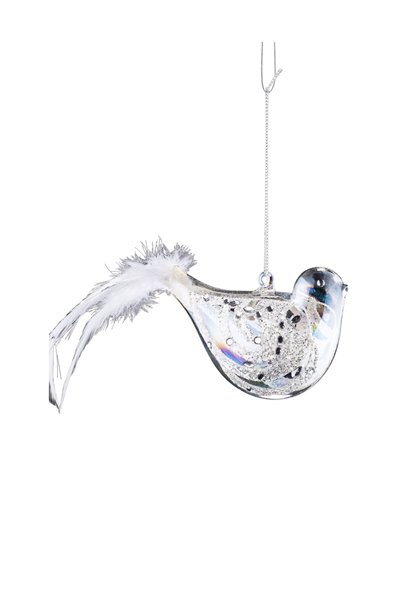 Clear Glass Bird-White Feather Tail-White Glitter Wings-4" (AO-306)