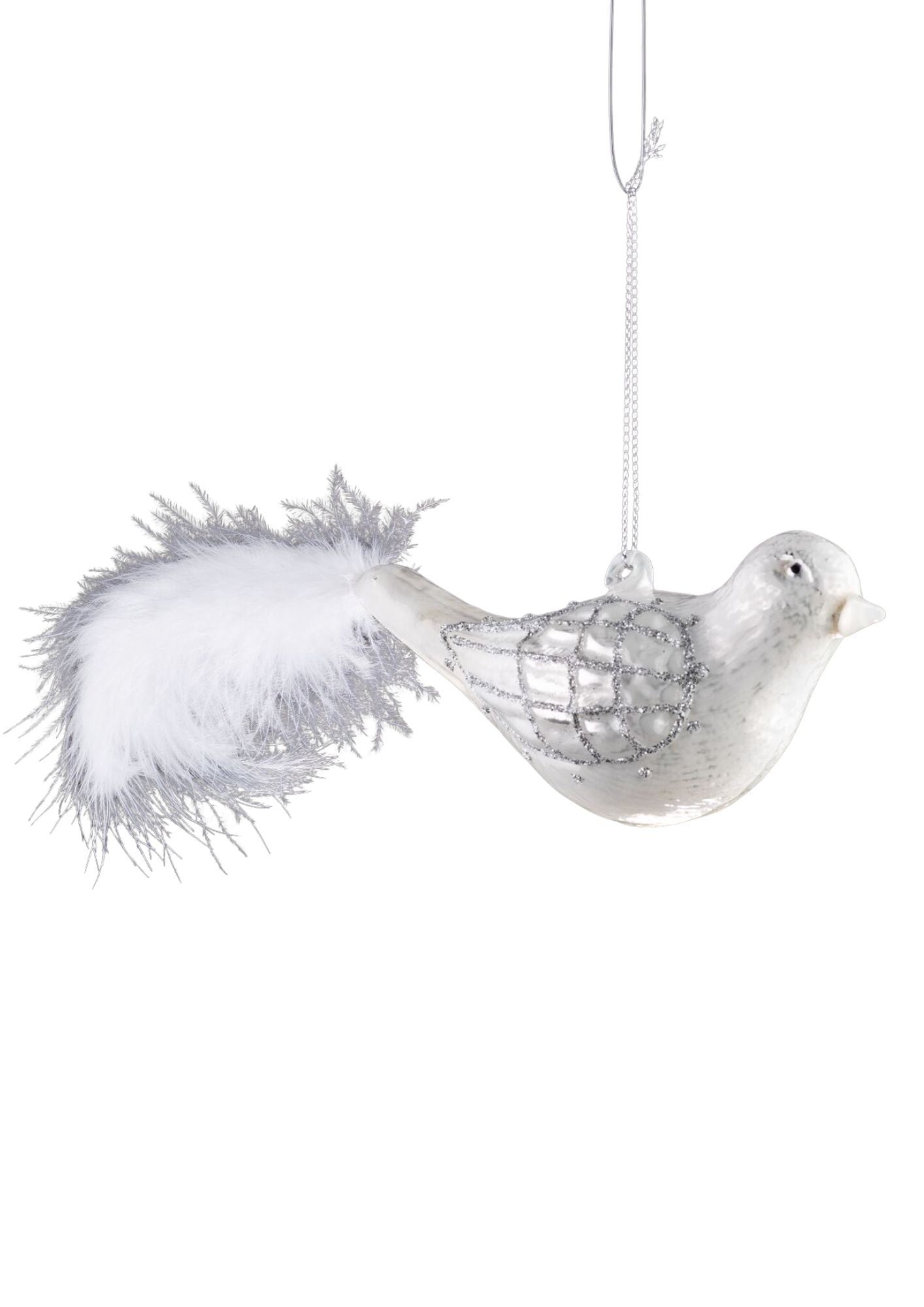 White Glass Bird-White Feather Tail-Silver Glitter Wings-4" (AO-307)