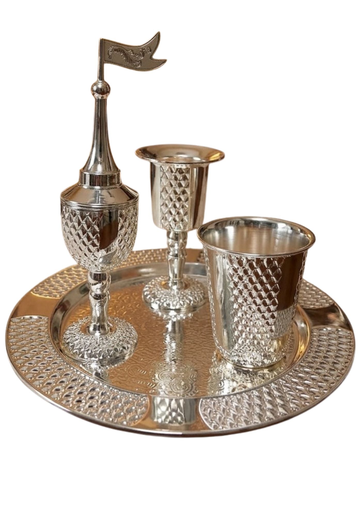 4 Pc. Silverplate Havdallah Set-Diamond Pattern Design (HV-AVI139S)