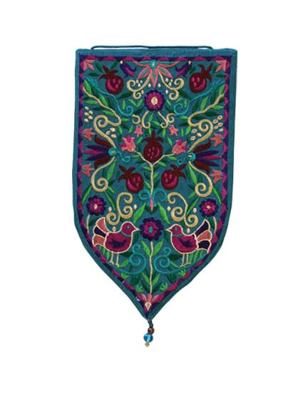 Small Teal Birds and Pomegranates Shield Tapestry