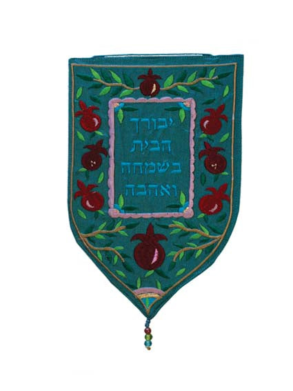Small Teal Pomegranates and Yivarechicha Habayis Shield Tapestry