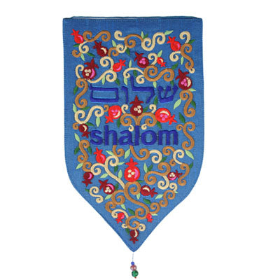 Teal Swirls, Pomegranates and Shalom Large Shield Tapestry