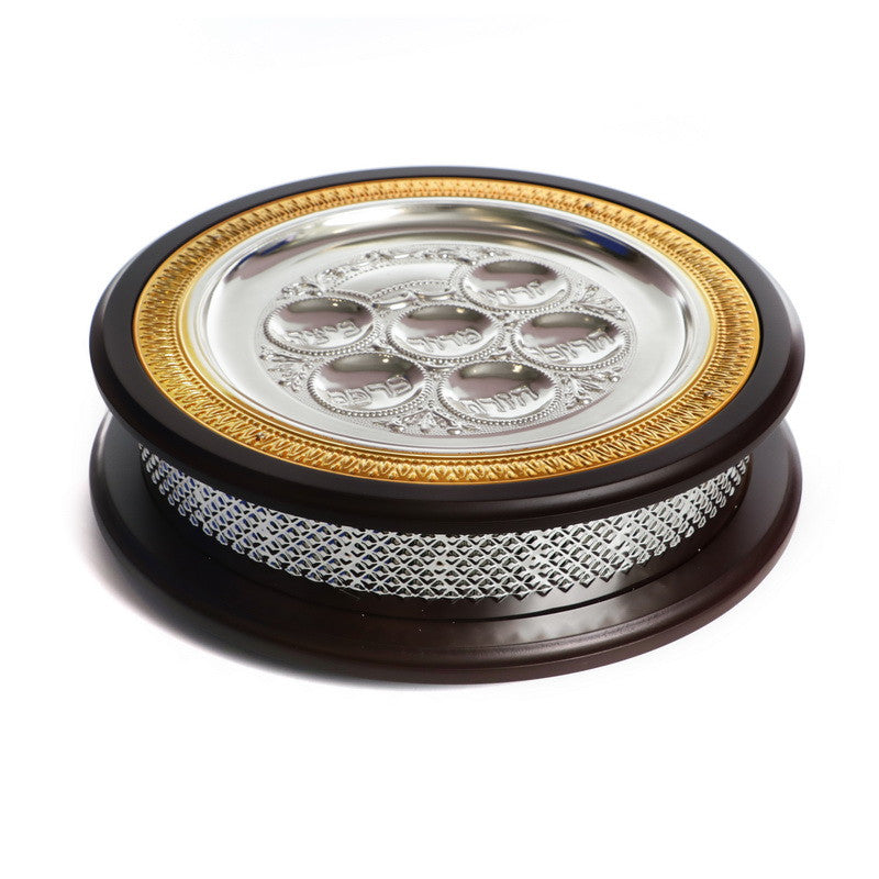 SilverPlate/Wood Matzah Box & Seder Plate-Gold (P-X2302R)