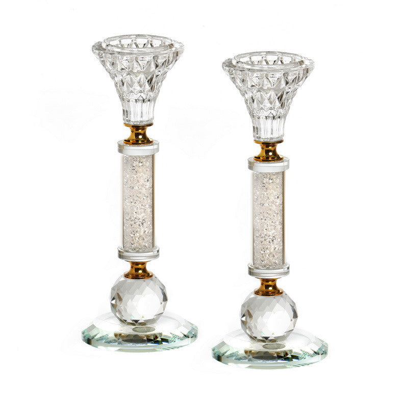 Pair Crystal Candlesticks-Silver Chips-Gold Design 8"H (CS-X3137K)