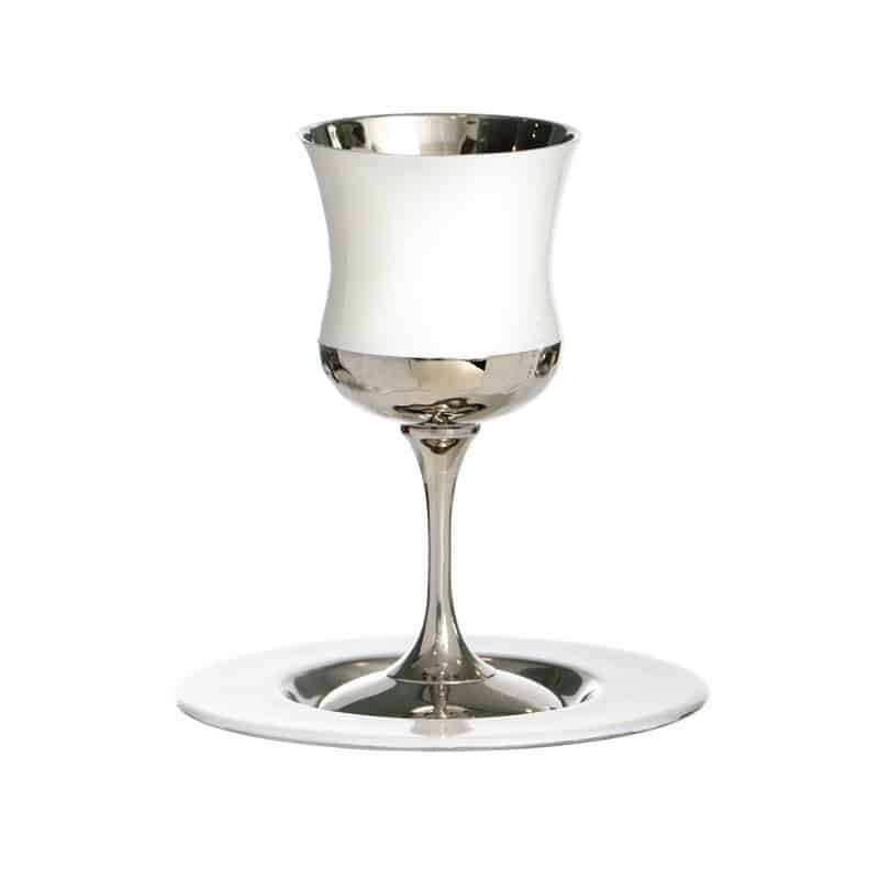 Silverplate/White Kiddush Cup on Stem W/ Plate (KC-X3951)