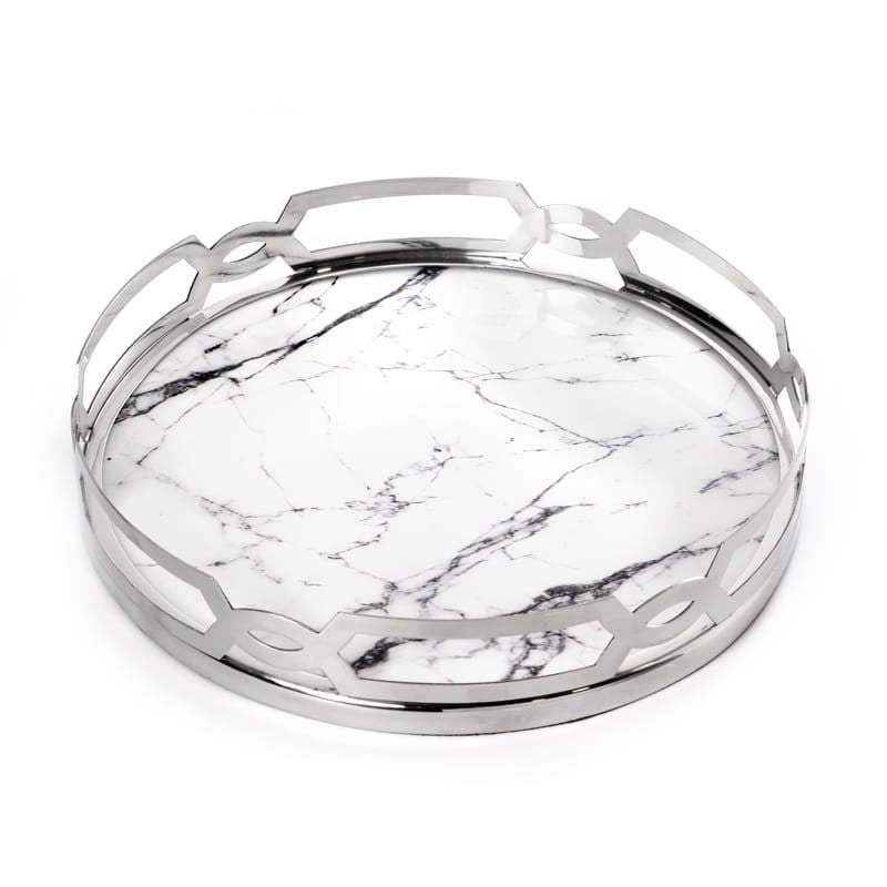 White/Gray Marble Matzah Tray-Stainless Steel Round (P-X4260A)