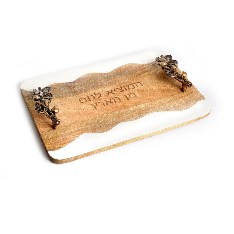 Wood Challah Board-White/Golden Leaf Handle Design 16" (CB-X4883W)