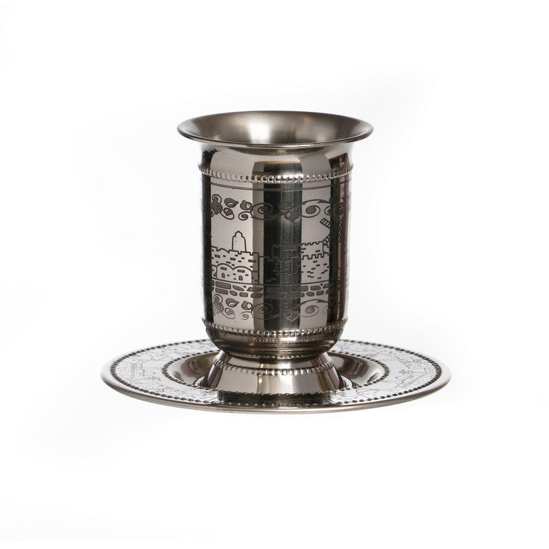 Stainless Steel Kiddush Cup-Jerusalem Etch Design (KC-X4884)