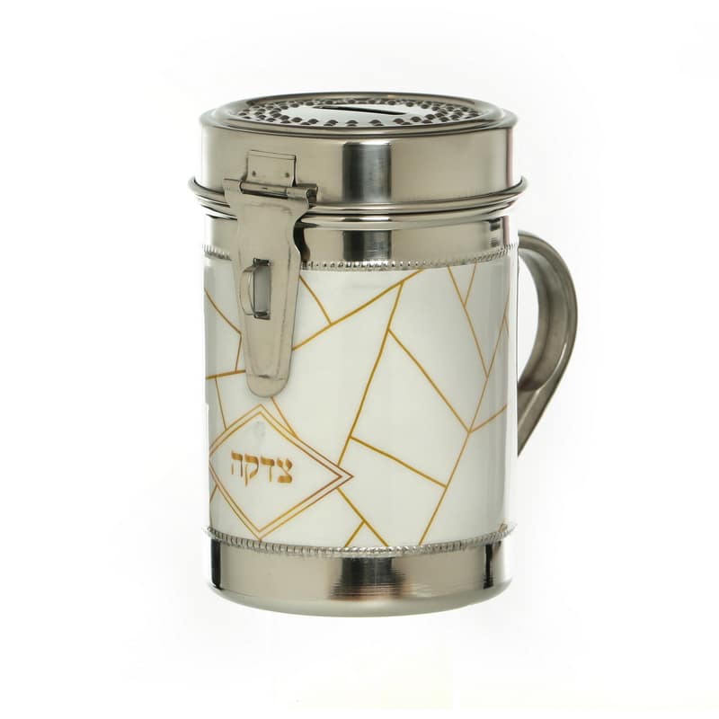Stainless Steel Art Deco Design Shul Tzedakah Box/Pushka-White/Gold (TZ-X4990W)