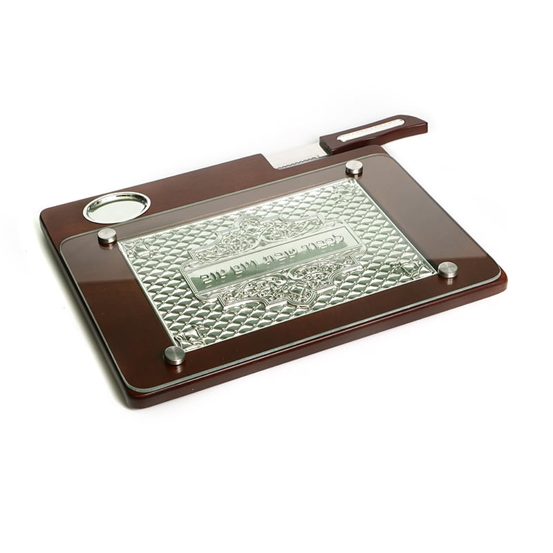 Wood and Silver Plated Challah Board with Knife-Pillow Design (CB-X5041A)