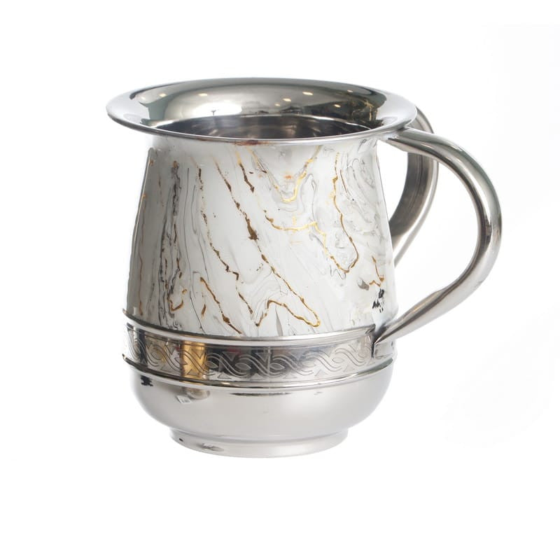 Stainless Steel Wash Cup-White Marble Design Silver Pomegranate Design Band (WC-X5382)