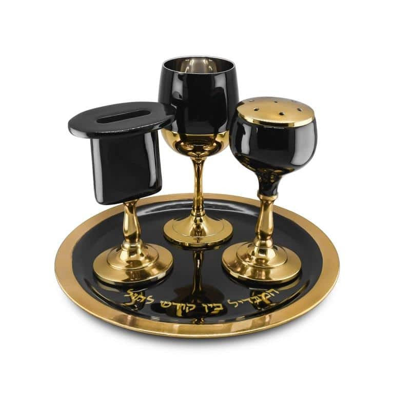 4 pc. Enamel Havdalla Set- Black And Gold Design (HV-X5610B)