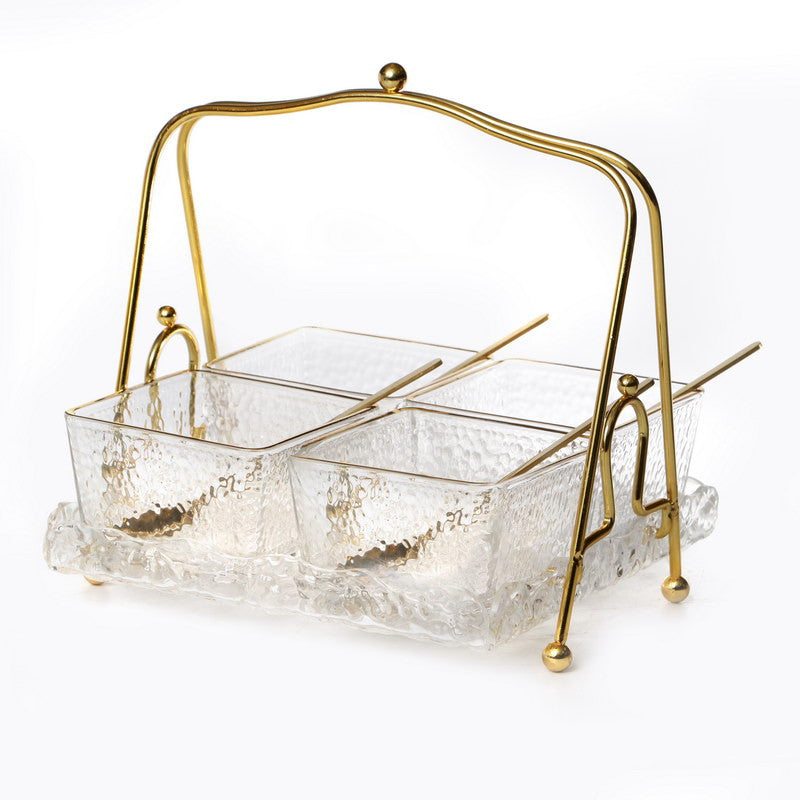 Square Dip Bowl Set-4 Frosted Glasses on Stand W/ Spoons (SHB-X704)
