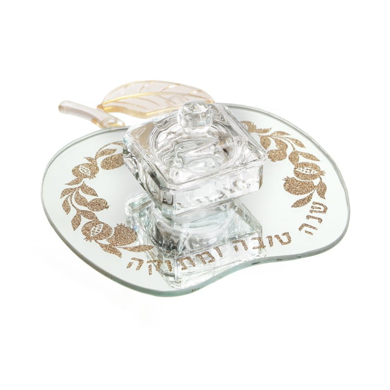 Honey Dish on Mirror Tray-- Apple Shape-Gold Pomegranate Design (HD-X764K)