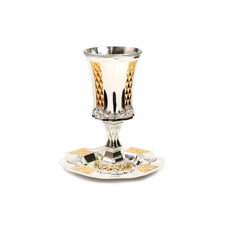Silver Plated Kiddush Cup on Stem Gold Pillow Design (KC-X800Z)