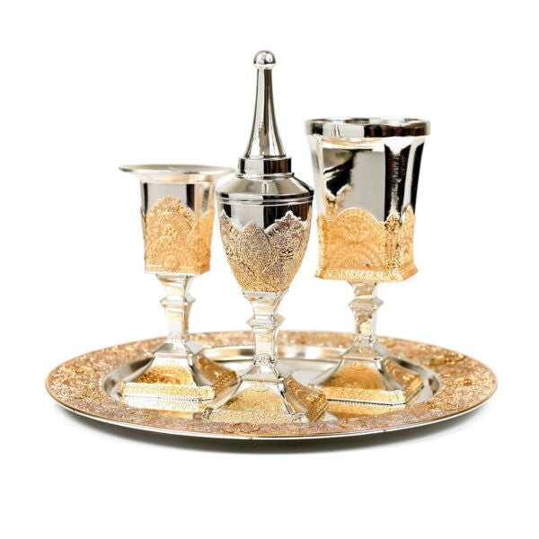 Silverplate 3pc Havdalla Set w/Plate-Gold-Filigree Design (HV-X880Z)