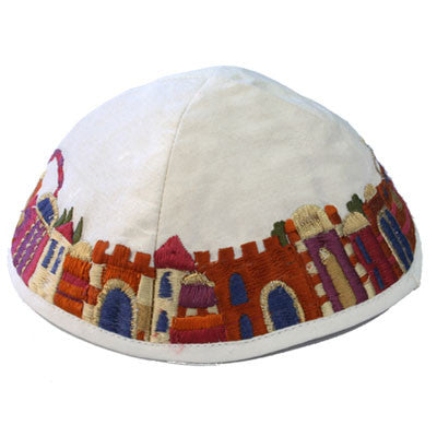 White and Colorful Embroidered Kippah (EM-YME1W)