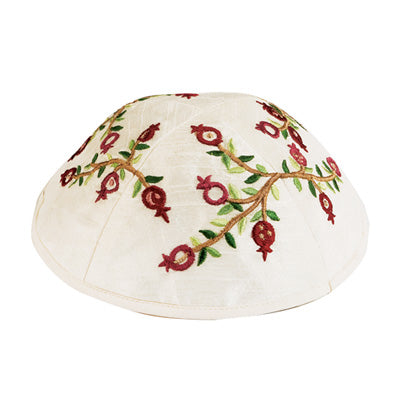 Emanuel Embroidered Kippah Pomegranates White - Red (EM-YME-6W)