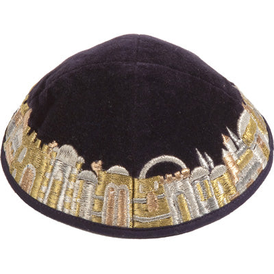 Velvet Embroidered Kippah - Jerusalem EM-YMV