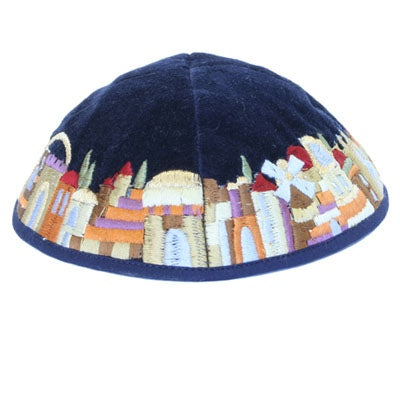 Velvet Embroidered Kippah - Jerusalem EM-YMV