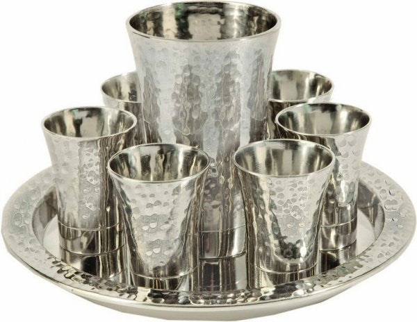 Nickel Kiddush Set - Cup + 6 Cups + Tray - Hammer work Silver (EM-GSA1)