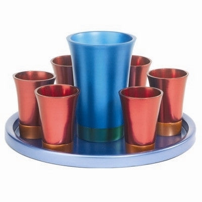 Anodized Aluminum Kiddush Set with Tray Maroon/ Blue (EM-GSS4)