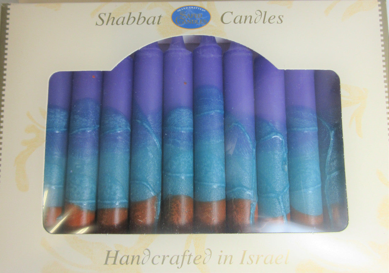 12 Tapered Israeli Shabbat Candles-Blue,Purple,Orange (SC-SHHR-V)