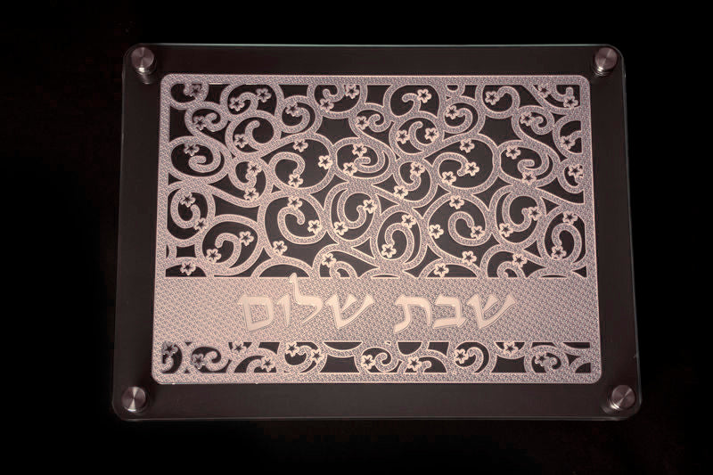 Double Glass Challah Board with Flower Design Plate 16" x 12" (CB-OJ1)