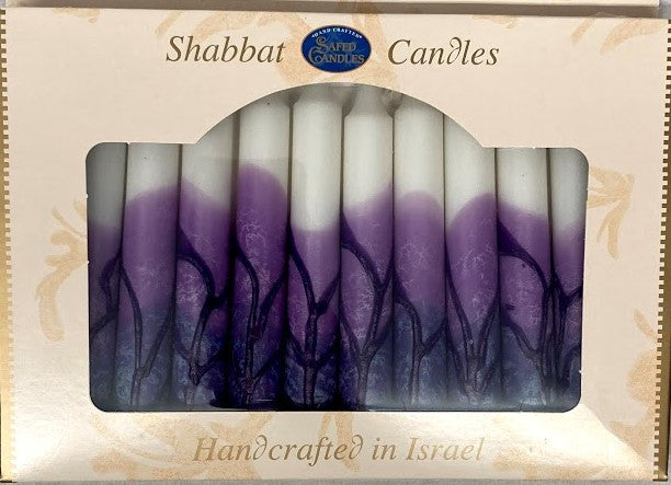 12 Tapered Israeli Shabbat Candles-White/Purple (SC-SHTR-P)